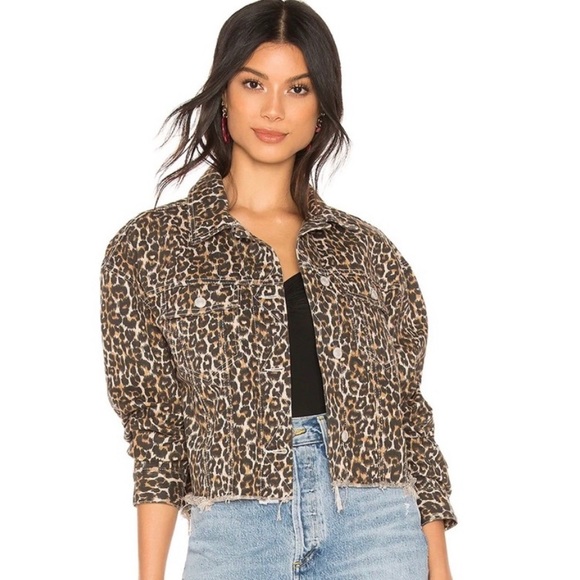 Free People Cheetah Animal Print Cotton Denim Jacket w/Frayed Hem Size Small - Picture 1 of 10
